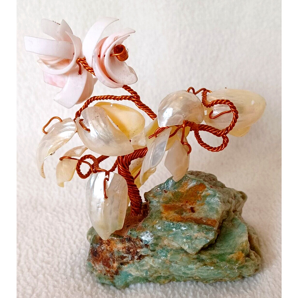 BONSAI TREE SCULPTURE Copper Wire & Shells on a Jade Stone Base Hand made